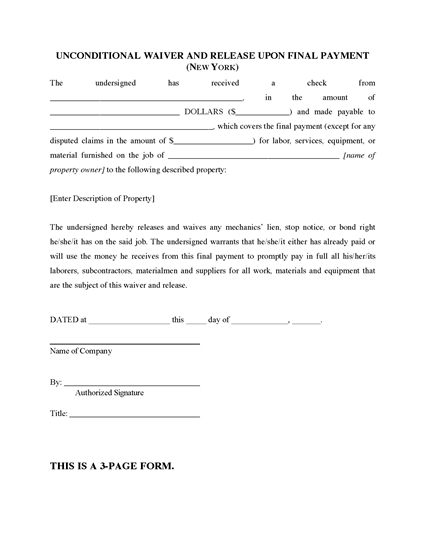 New York Unconditional Waiver And Release Of Lien Upon Final Payment 