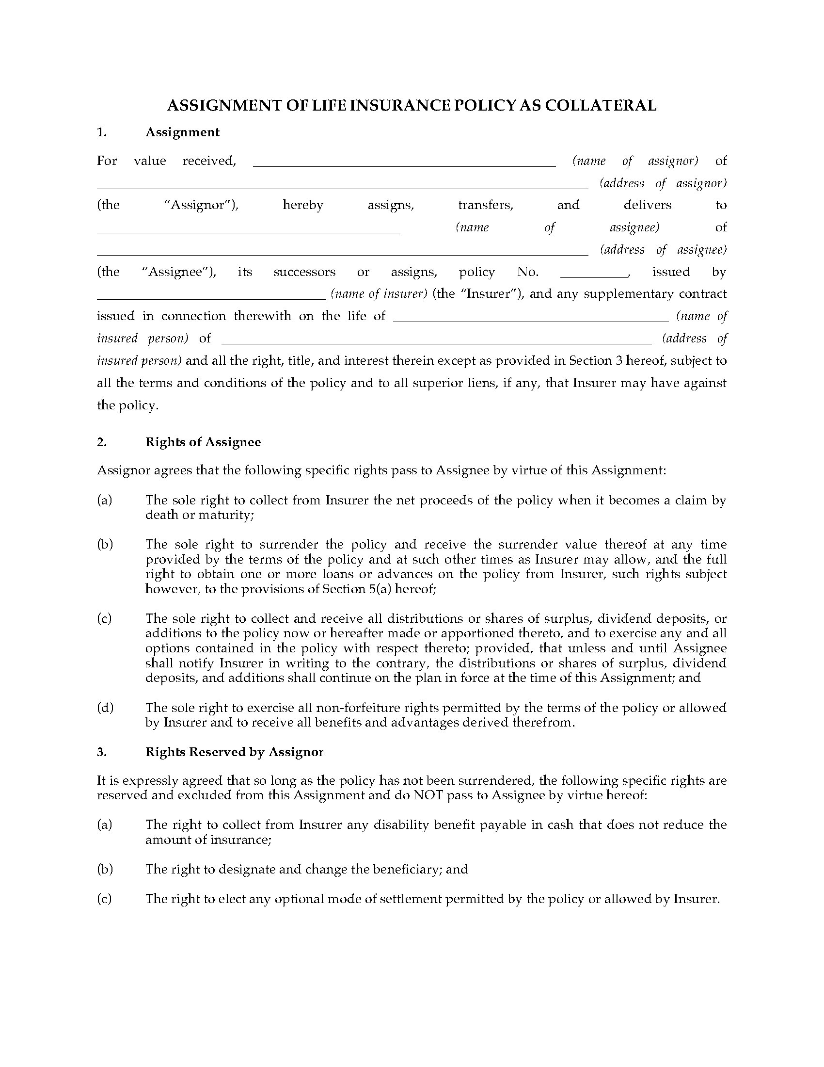 aaa life insurance collateral assignment form