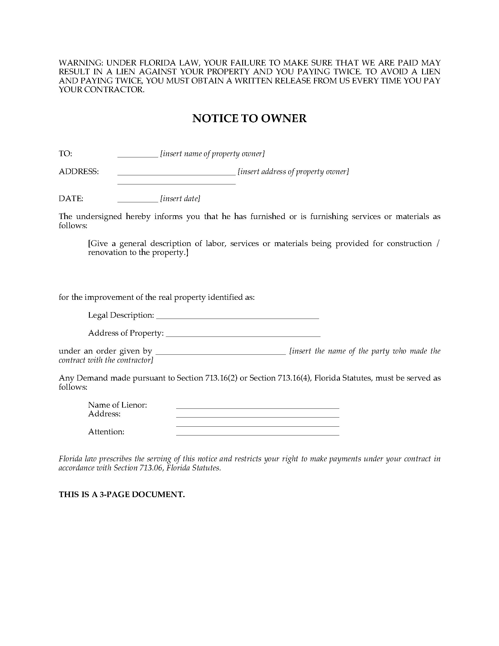 Florida Notice To Owner Legal Forms And Business Templates MegaDox