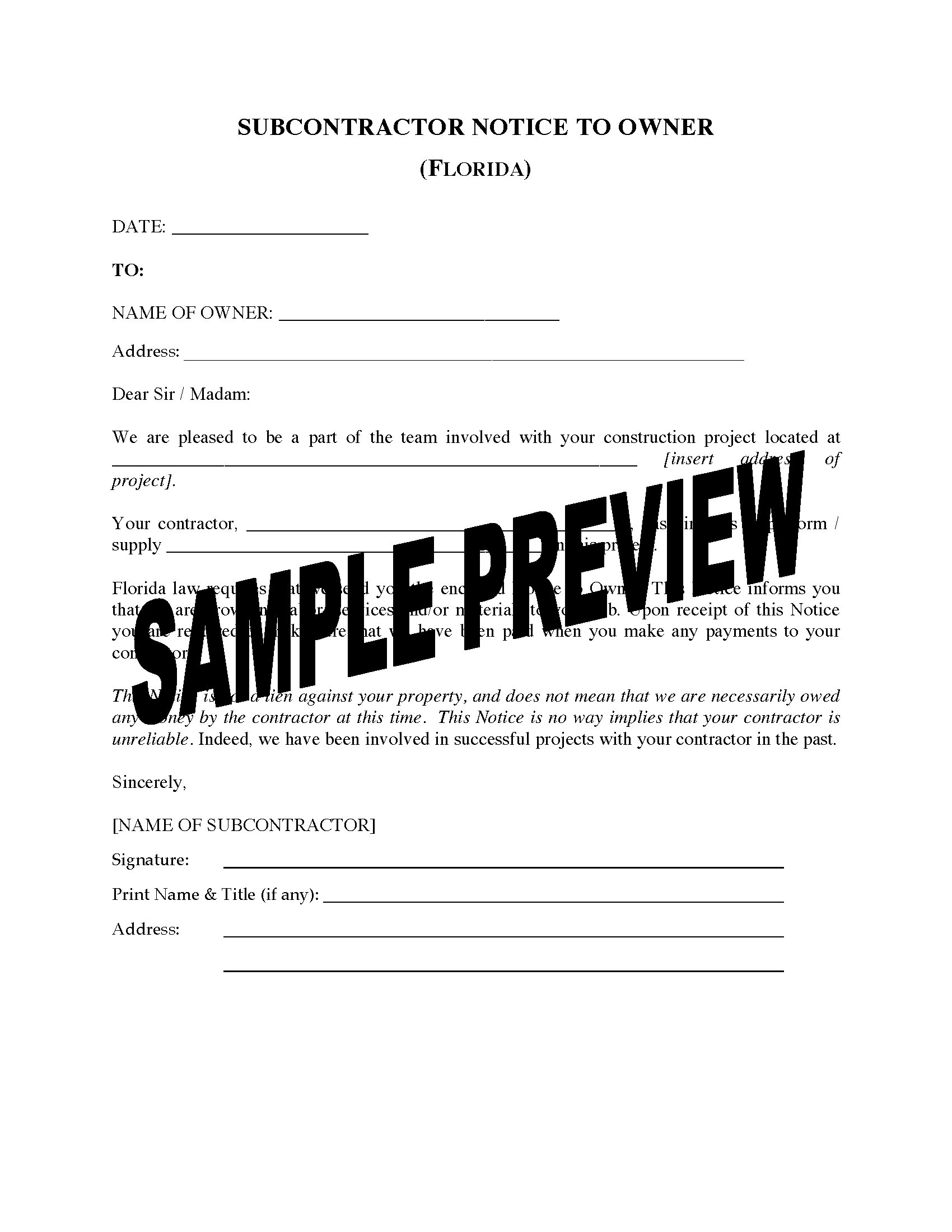 Printable Florida Notice To Owner Form