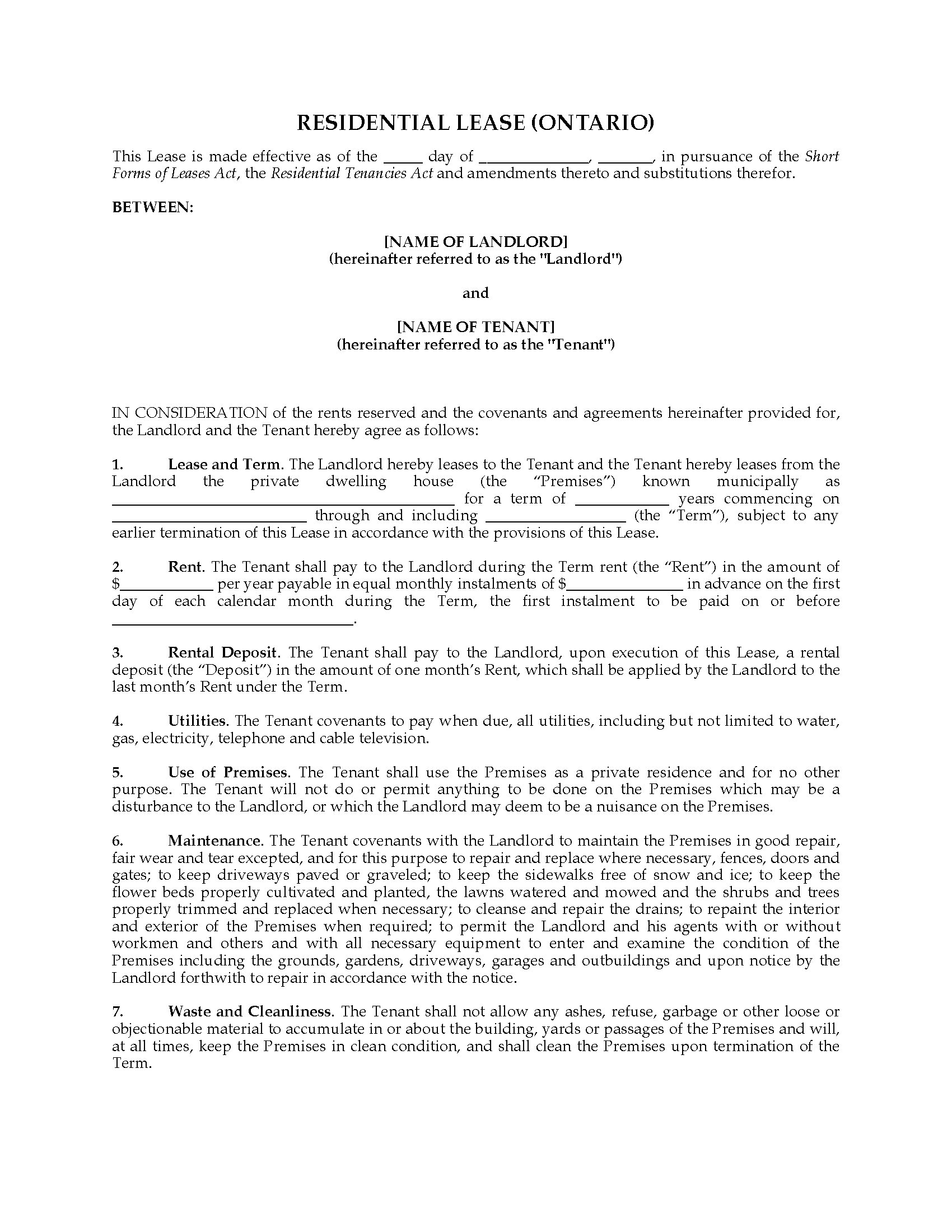Residential Lease Agreement Template Ontario Free Printable Templates