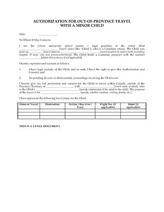 Picture of Canada Parental Authorization for Travel with Minor Child