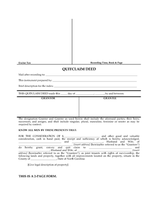 Picture of North Carolina Quitclaim Deed for Joint Ownership