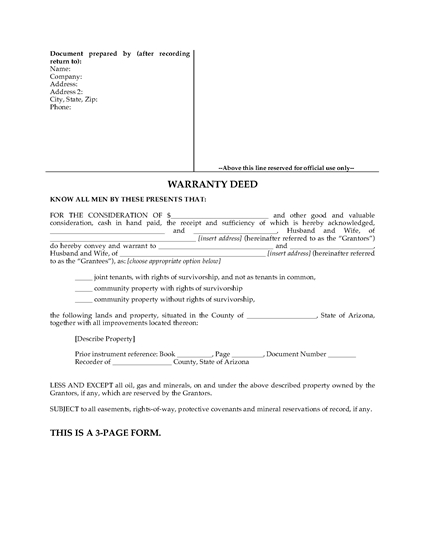 Picture of Arizona Warranty Deed for Joint Ownership