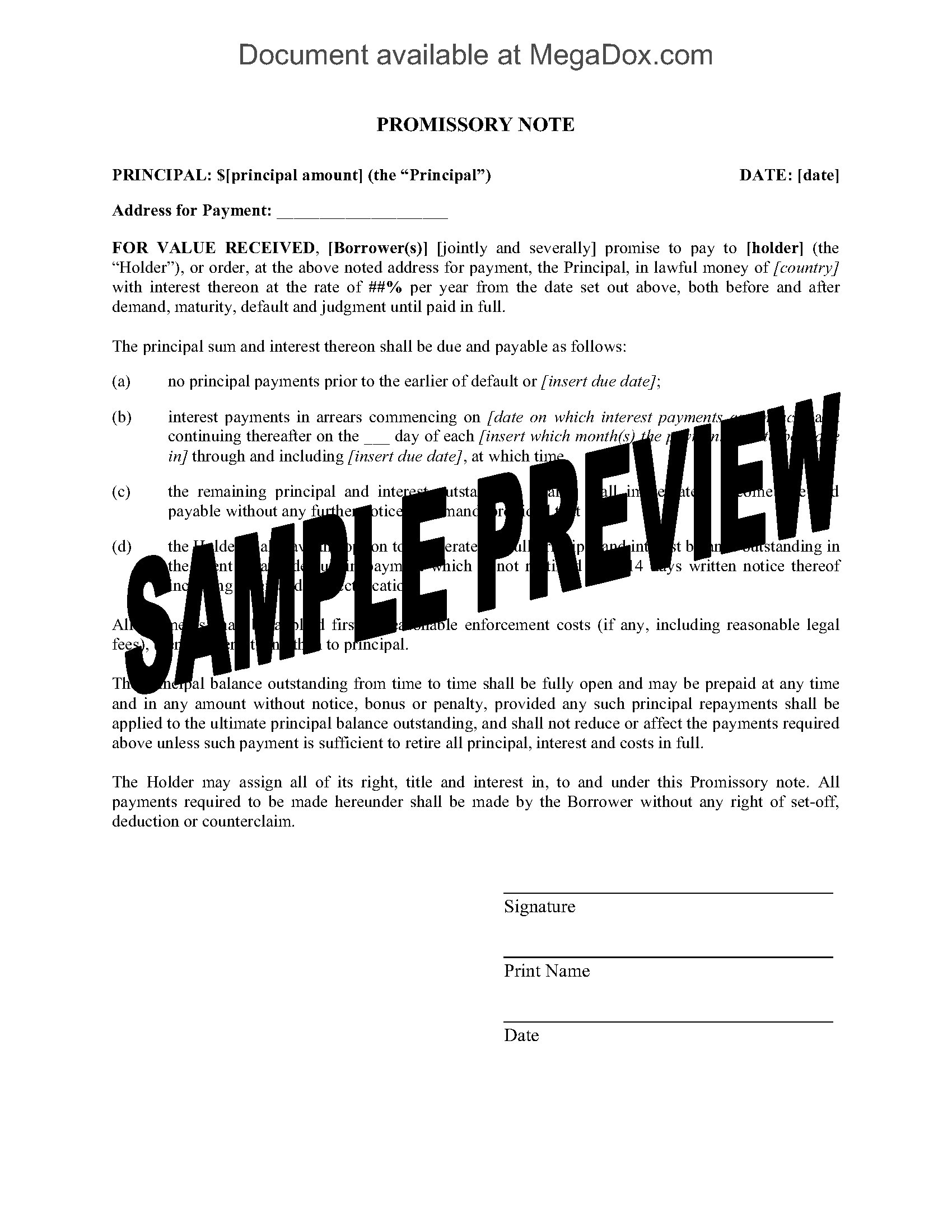 Interest Only Promissory Note Template
