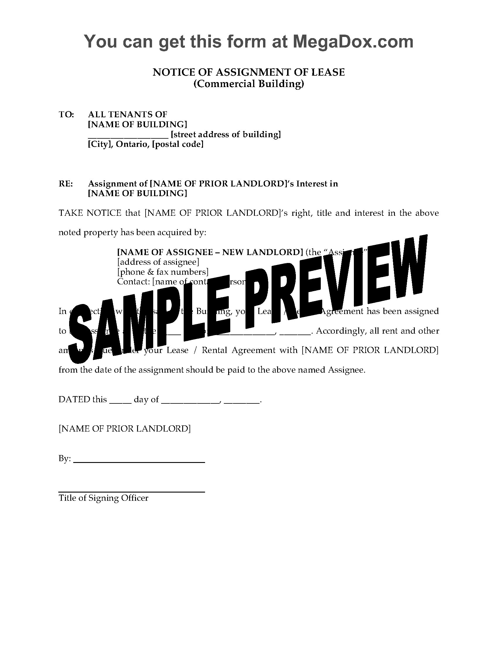 sample notice of assignment of lease