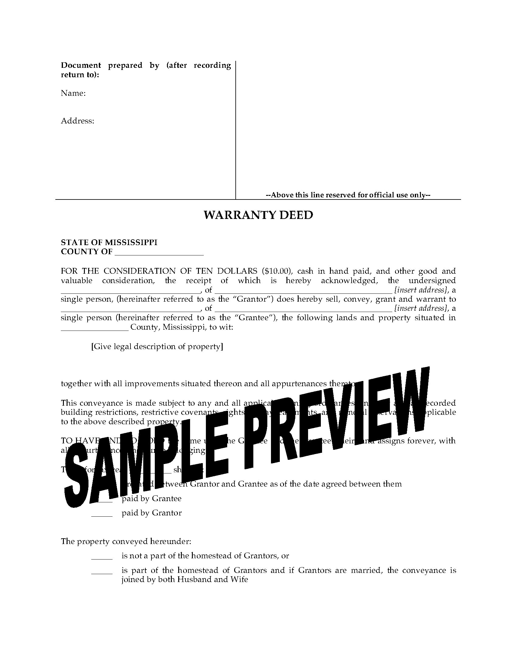 Mississippi Warranty Deed Form Legal Forms And Business Templates 