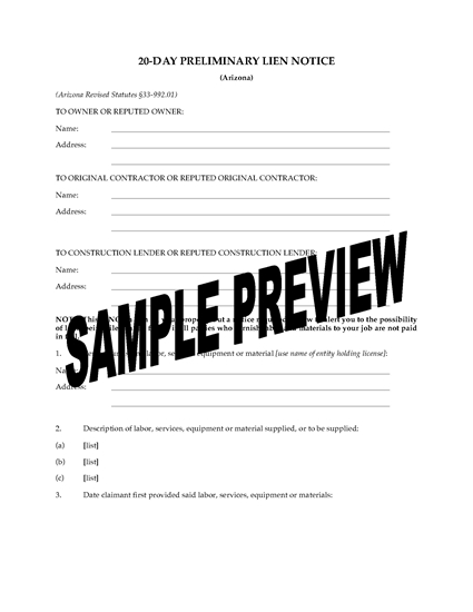 Arizona Preliminary 20 Day Notice Legal Forms And Business Templates 