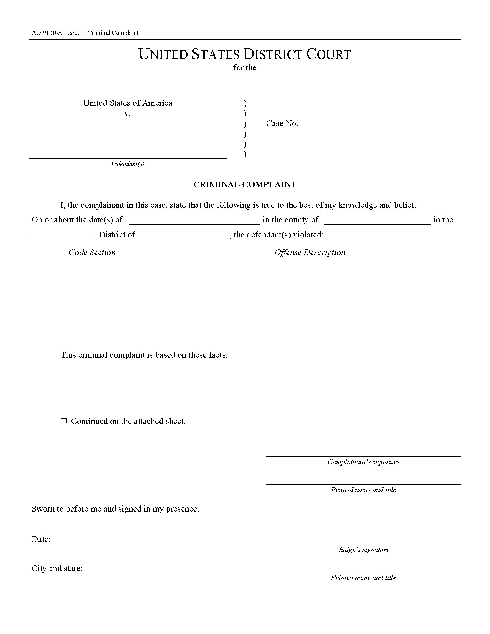 Usa Criminal Complaint Form Ao91 Legal Forms And Business Templates 9661