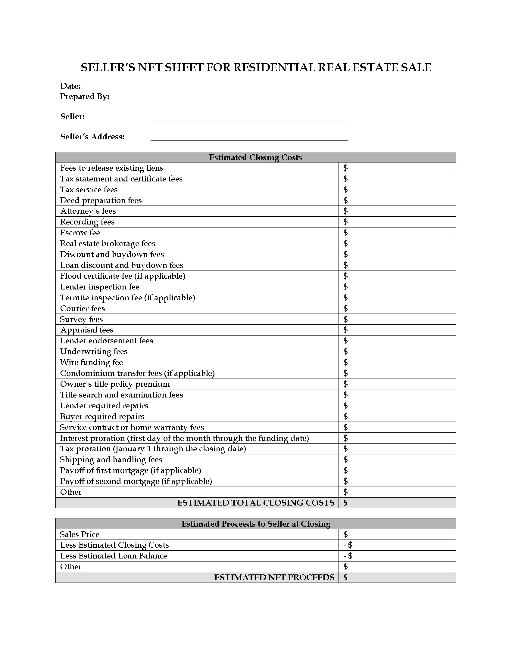 USA Seller s Net Sheet For Real Estate Sale Legal Forms And Business Templates MegaDox