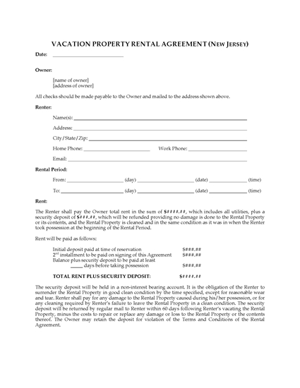 Picture of New Jersey Vacation Property Rental Agreement