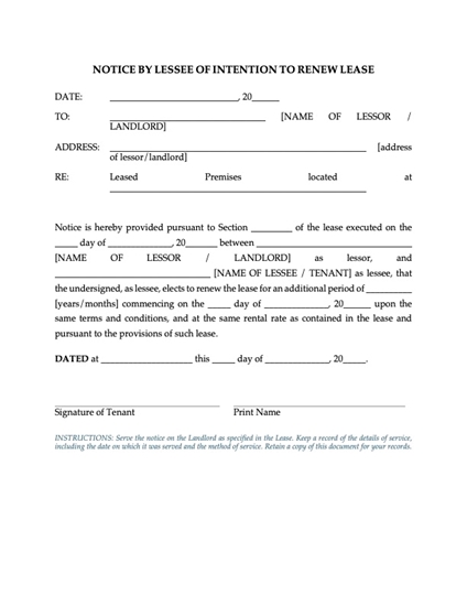 Picture of Notice by Lessee of Intention to Renew Lease