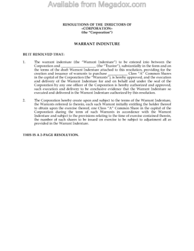 Picture of Alberta Directors Resolutions Authorizing Warrant Indenture