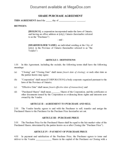 Picture of Ontario Section 85 Rollover Agreement to Exchange Assets for Preferred Shares