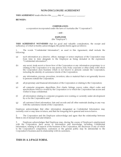 Picture of Employee Nondisclosure Agreement | Australia