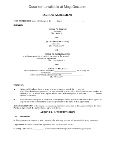 Picture of Escrow Agreement for Shares