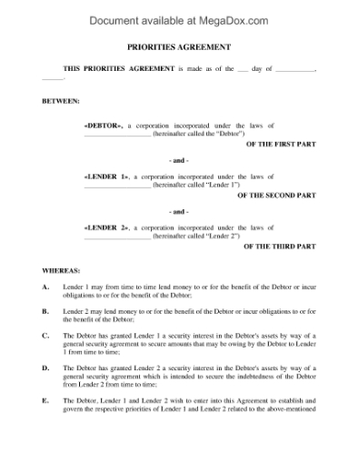 Picture of Priorities Agreement Between Two Lenders