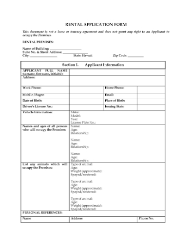 Picture of Hawaii Rental Application Form