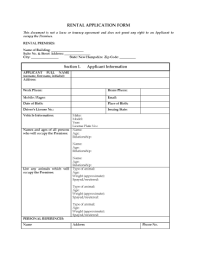 Picture of New Hampshire Rental Application Form