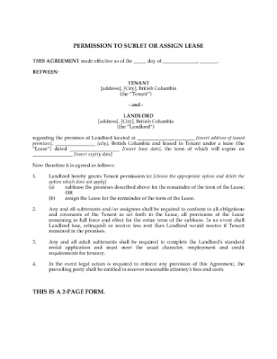 Picture of British Columbia Permission to Sublet or Assign Lease