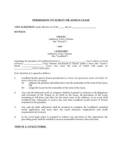 Picture of Ontario Landlord Permission to Sublet