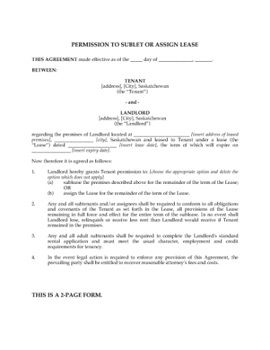 Picture of Saskatchewan Permission to Sublet or Assign Lease