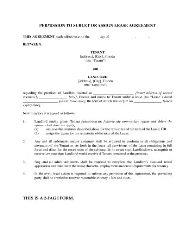 Picture of Florida Permission to Sublet or Assign Lease