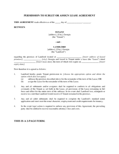 Picture of Georgia Permission to Sublet or Assign Lease