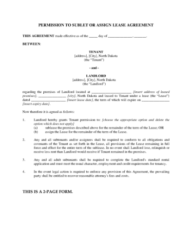 Picture of North Dakota Permission to Sublet or Assign Lease