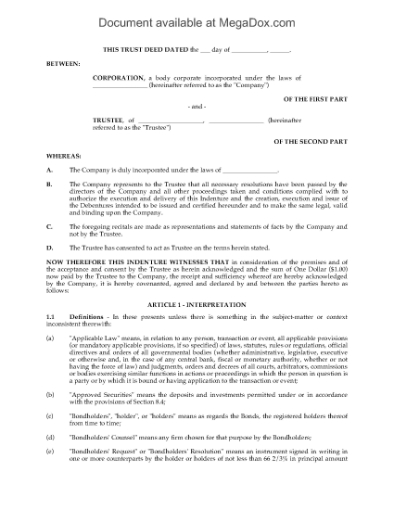 Picture of Trust Indenture to Issue Debentures