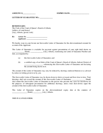 Picture of Alberta Irrevocable Letter of Guarantee