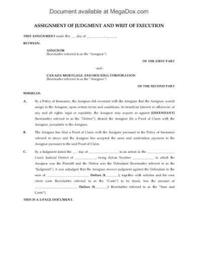 Picture of Assignment of Judgment to CMHC | Canada