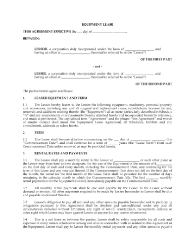 Picture of Net Equipment Lease Agreement | Canada