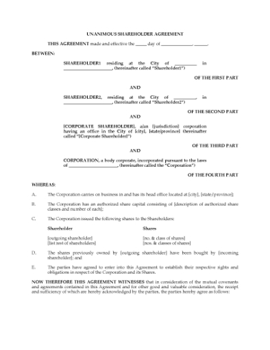 Picture of Unanimous Shareholder Agreement with License to Use Trade Mark | Canada