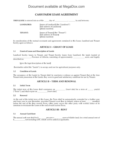 Picture of Alberta Cash Farm Lease Agreement