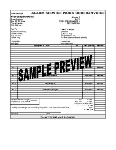 Picture of Alarm System Work Order / Invoice