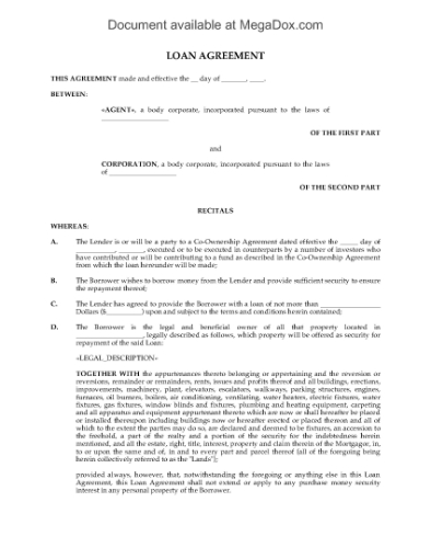 Picture of Loan Agreement for Syndicated Mortgage Transaction | Canada