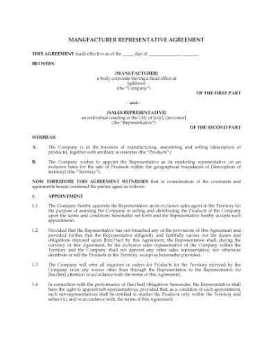 Picture of Manufacturing Representative Agreement