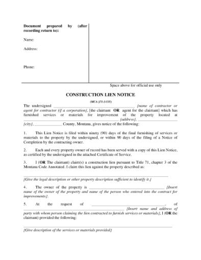 Picture of Montana Construction Lien Notice