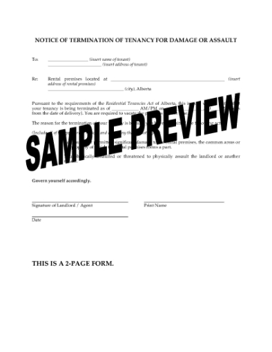 Picture of Alberta Notice of Termination of Tenancy for Damage or Assault