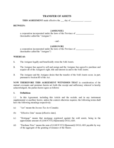 Picture of Asset Transfer Agreement (Land for Shares) | Canada