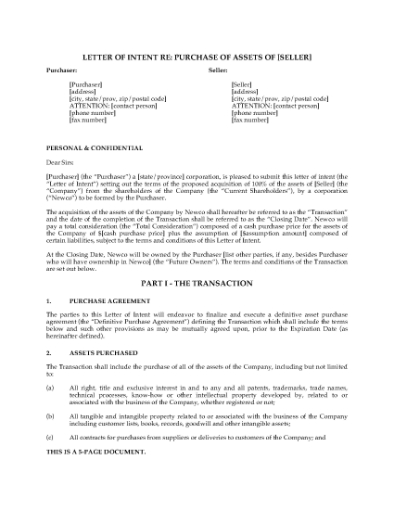 Picture of Letter of Intent to Purchase Assets of Business