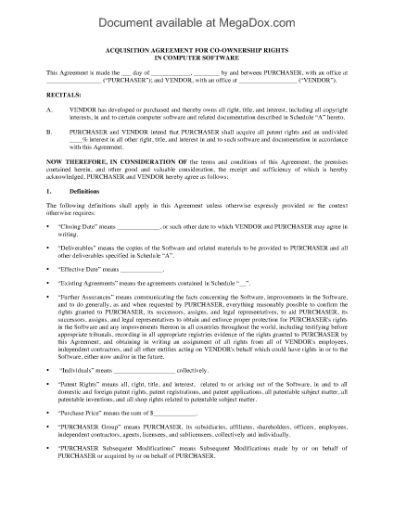 Picture of Acquisition Agreement for Co-Ownership Rights in Software