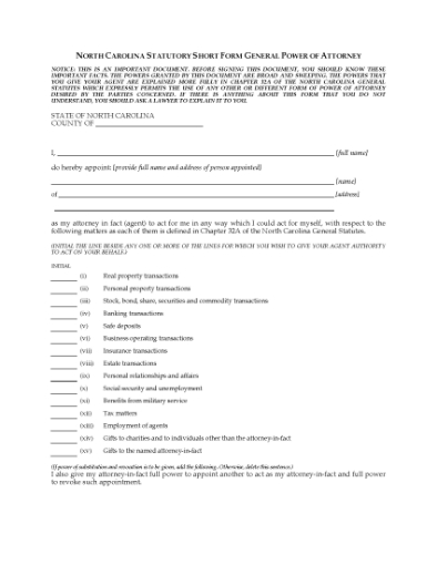 Picture of North Carolina Statutory Short Form Power of Attorney