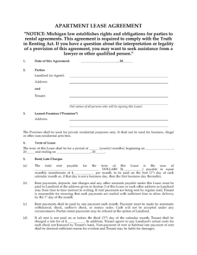 Picture of Michigan Apartment Lease Agreement