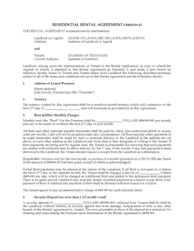 Picture of Arizona Residential Rental Agreement