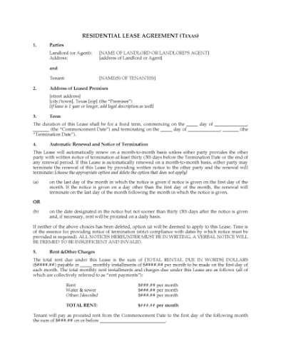 Picture of Texas Residential Fixed Term Lease