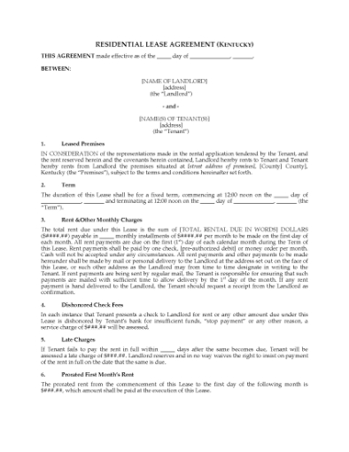 Picture of Kentucky Fixed Term Residential Lease Agreement