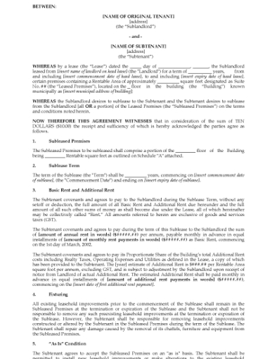 Picture of Ontario Sublease Agreement for Commercial Premises