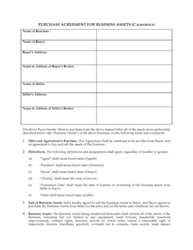 Picture of California Purchase Agreement for Business Assets